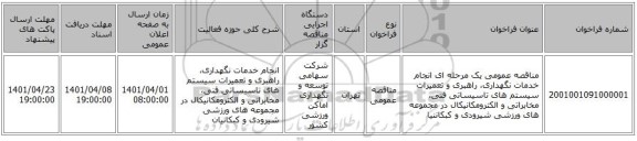 مناقصه، مناقصه عمومی یک مرحله ای انجام خدمات نگهداری، راهبری و تعمیرات سیستم های تاسیساتی فنی، مخابراتی و الکترومکانیکال در مجموعه های ورزشی شیرودی و کبکاننیا