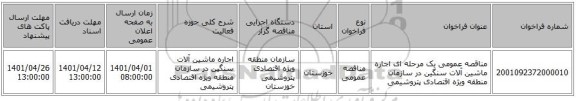 مناقصه، مناقصه عمومی یک مرحله ای اجاره ماشین آلات سنگین در سازمان منطقه ویژه اقتصادی پتروشیمی