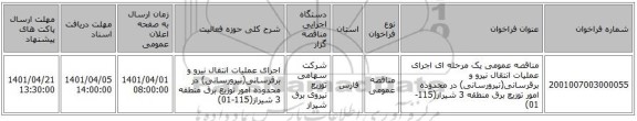 مناقصه، مناقصه عمومی یک مرحله ای اجرای عملیات انتقال نیرو و برقرسانی(نیرورسانی) در محدوده امور توزیع برق منطقه 3 شیراز(115-01)