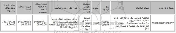 مناقصه، مناقصه عمومی یک مرحله ای اجرای عملیات انتقال نیرو و برقرسانی(نیرورسانی) در محدوده امور توزیع برق منطقه 3 شیراز(121-01)