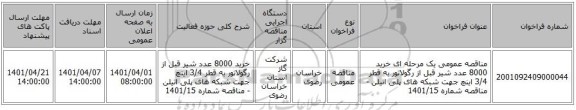مناقصه، مناقصه عمومی یک مرحله ای خرید 8000 عدد شیر قبل از رگولاتور به قطر 3/4 اینچ جهت شبکه های پلی اتیلن - مناقصه شماره 1401/15