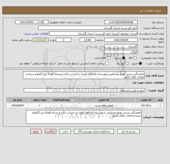 استعلام نمایندگی پستی توزیع روستایی شهرستان کردکوی قیمت بر اساس پاکت و بسته کوچک زیر 2کیلو و بسته و امانات بالای 2کیلو
