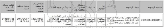مناقصه، مناقصه عمومی یک مرحله ای خرید کابل 240 فشار ضعیف مسی و کابل 20 کیلوولت سایز 95 مسی