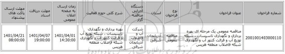 مناقصه، مناقصه عمومی یک مرحله ای بهره برداری و نگهداری تاسیسات ، شبکه توزیع آب و قرائت کنتور آب و نگهداری شبکه فاضلاب منطقه هریس