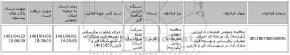 مناقصه، مناقصه عمومی همزمان با ارزیابی (یکپارچه) یک مرحله ای اجرای عملیات برقرسانی و توسعه فیدر مبارک آباد در شهرستان قیر و کارزین