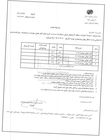 استعلام خرید انواع کابل هوائی مهاردار