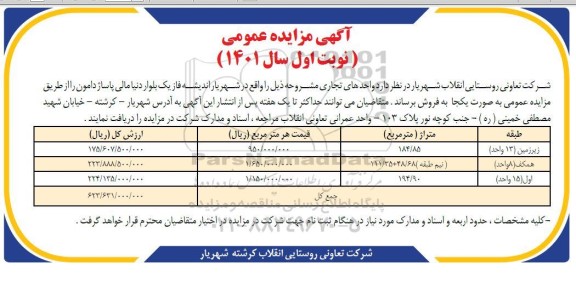 مزایده فروش طبقه  زیرزمین 13 واحد- متراژ 184.85 و...