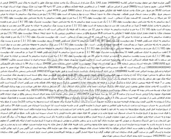 آگهی مزایده ششدانگ یک واحد تجاری نوع ملک طلق با کاربری به پلاک ثبتی 204273 فرعی از 4476 اصلی