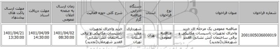 مناقصه، مناقصه عمومی یک مرحله ای  خرید  واجرای تجهیزات تاسیسات مکانیکی و برقی ساختمان آتش نشانی الغدیر شهرملارد(تجدید)