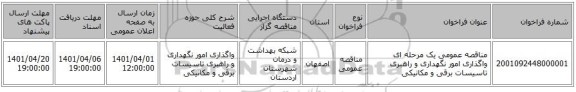 مناقصه، مناقصه عمومی یک مرحله ای واگذاری امور نگهداری و راهبری تاسیسات برقی و مکانیکی