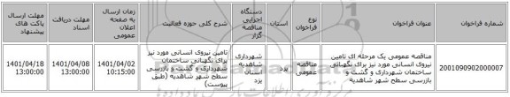 مناقصه، مناقصه عمومی یک مرحله ای تامین نیروی انسانی مورد نیز برای نگهبانی ساختمان شهرداری و گشت و بازرسی سطح شهر شاهدیه