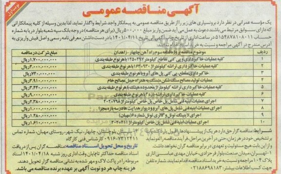 مناقصه برونسپاری کلیه عملیات خاکبرداری و پی کنی....