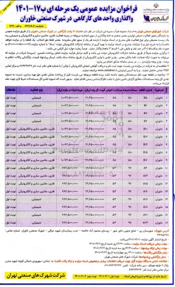 مزایده تعداد 17 واحد کارگاهی نوبت دوم