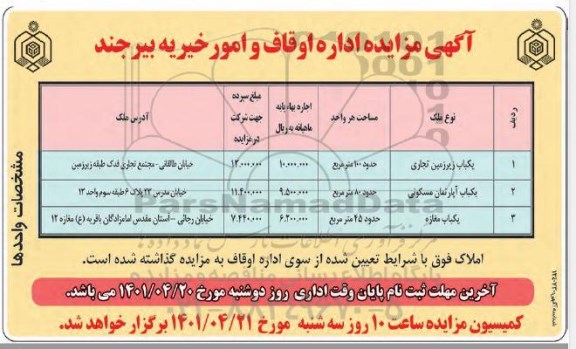 مزایده واگذاری یکباب زیرزمین تجاری و...