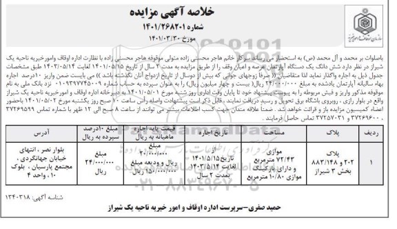 مزایده شش دانگ یک دستگاه آپارتمان