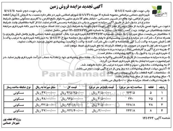  مزایده فروش 4 قطعه زمین از اراضی مسکونی 