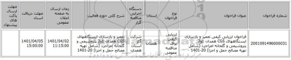 مناقصه، فراخوان ارزیابی کیفی تعمیر و بازسازی ایستگاههای CGS همدان 1و2 پتروشیمی و گلخانه امزاجرد (شامل تهیه مصالح حمل و اجرا) 20-1401