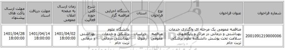 مناقصه، مناقصه عمومی یک مرحله ای واگذاری خدمات بهداشتی و درمانی در مراکز و پایگاههای سلامت تحت پوشش دانشکده علوم پزشکی تربت جام