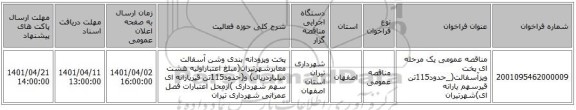 مناقصه، مناقصه عمومی یک مرحله ای پخت وپزآسفالت(_حدود115تن قیرسهم یارانه ای)شهرتیران