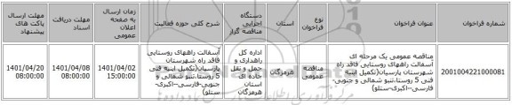 مناقصه، مناقصه عمومی یک مرحله ای آسفالت راههای روستایی فاقد راه شهرستان پارسیان(تکمیل ابنیه فنی 5 روستا،تنبو شمالی و جنوبی-فارسی--اکبری-ستلو)