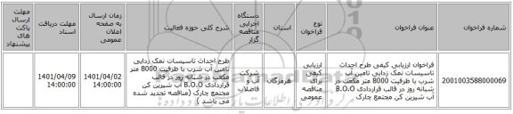 مناقصه، فراخوان ارزیابی کیفی  طرح احداث تاسیسات نمک زدایی تامین آب شرب با ظرفیت 8000 متر مکعب در شبانه روز در قالب قراردادی B.O.O آب شیرین کن مجتمع چارک