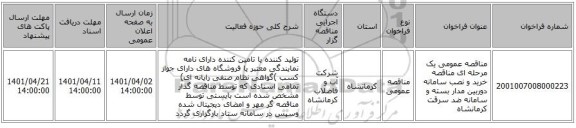 مناقصه، مناقصه عمومی یک مرحله ای مناقصه خرید و نصب سامانه دوربین مدار بسته و سامانه ضد سرقت کرمانشاه