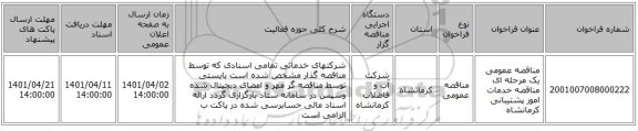 مناقصه، مناقصه عمومی یک مرحله ای مناقصه 	خدمات امور پشتیبانی	کرمانشاه