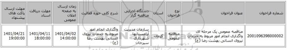 مناقصه، مناقصه عمومی یک مرحله ای واگذاری انجام امور مربوط به خدمات نیروی انسانی بهشت رضا (ع)