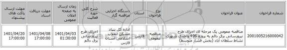 مناقصه، مناقصه عمومی یک مرحله ای اجرای طرح نیرورسانی برق دائم به پروژه 496 واحدی شهرک نشاط سلطان آباد (بخش فشار متوسط)
