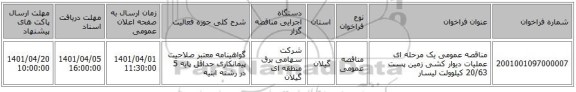 مناقصه، مناقصه عمومی یک مرحله ای عملیات دیوار کشی زمین پست 20/63 کیلوولت لیسار