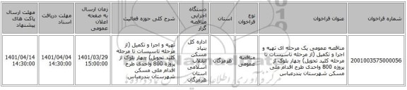مناقصه، مناقصه عمومی یک مرحله ای تهیه و اجرا و تکمیل ، سامانه تدارکات الکترونیکی دولت
