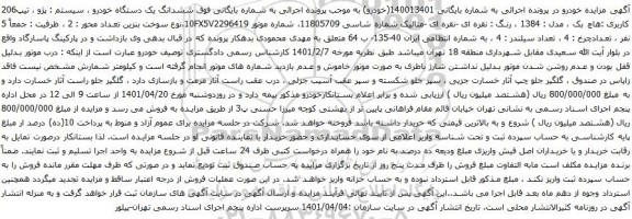 آگهی مزایده ششدانگ یک دستگاه خودرو ، سیستم : پژو ، تیپ206 