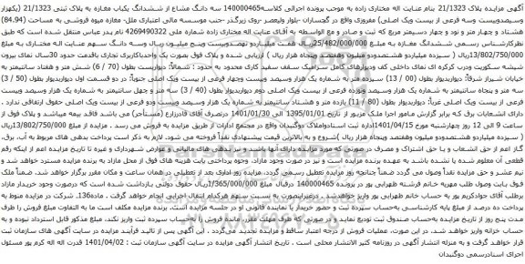 آگهی مزایده سه دانگ مشاع از ششدانگ یکباب مغازه به پلاک ثبتی 21/1323