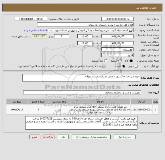 استعلام خرید میز نقشه کشی از محل اعتبارات اسناد خزانه