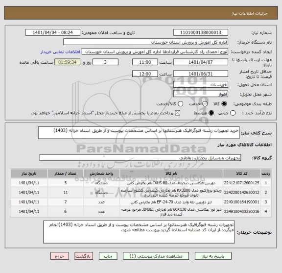 استعلام خرید تجهیزات رشته فتوگرافیک هنرستانها بر اساس مشخصات پیوست و از طریق اسناد خزانه (1403)