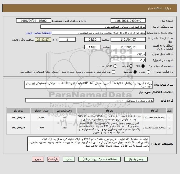 استعلام زیرانداز (دروشیت )بالدار  5 لایه ضد آب بزرگ سایز  160*80 تولید داخل 30000 عدد و لگن پلاستیکی زیر بیمار بدون درب