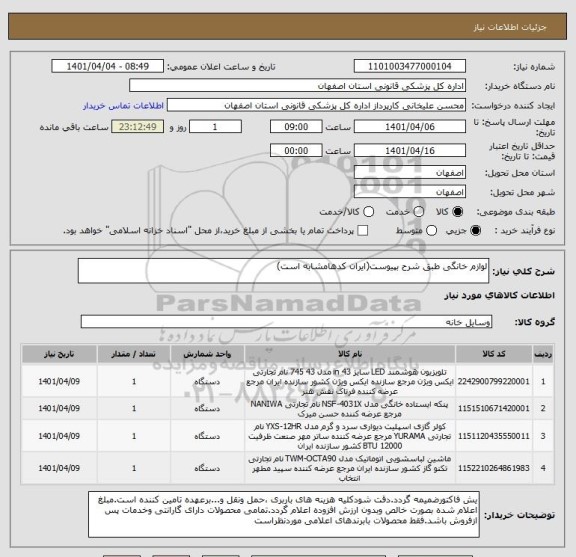 استعلام لوازم خانگی طبق شرح بپیوست(ایران کدهامشابه است)