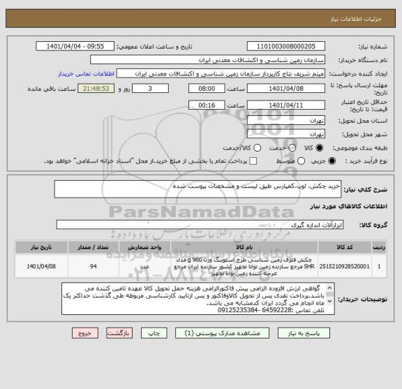 استعلام خرید چکش، لوپ،کمپارس طیق لیست و مشخصات پیوست شده
