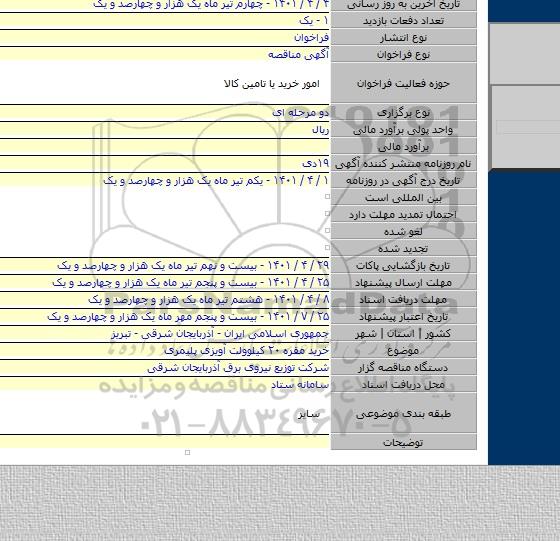 مناقصه, خرید مقره ۲۰ کیلوولت آویزی پلیمری