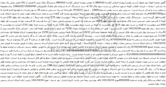 آگهی مزایده ششدانگ پلاک ثبتی 0 فرعی از 201 اصلی بخش یک