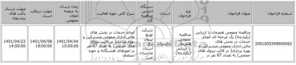 مناقصه، مناقصه عمومی همزمان با ارزیابی (یکپارچه) یک مرحله ای انجام خدمات در بخش های مالی،اداری،عمومی،مشترکین و بهره برداری( در قالب نیروی های حجمی) به  تعداد 67 نفر  در