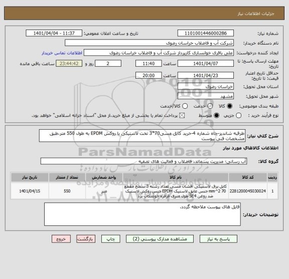 استعلام طرقبه شاندیز-چاه شماره 4-خرید کابل مسی70*3 تخت لاستیکی با روکش EPDM به طول 550 متر،طبق مشخصات فنی پیوست