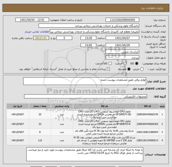استعلام لوازم برقی طبق مشخصات پیوست شده