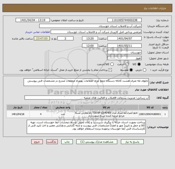 استعلام تابلوی تله متری هشت کاناله دستگاه جمع آوری اطلاعات بهمراه متعلقات مندرج در مشخصات فنی پیوستی