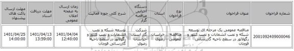 مناقصه، مناقصه عمومی یک مرحله ای توسعه شبکه و نصب انشعابات و نصب کنتور و رگولاتور در سطح ناحیه گازرسانی قوچان