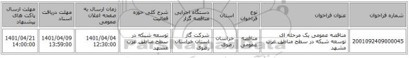 مناقصه، مناقصه عمومی یک مرحله ای توسعه شبکه در سطح مناطق غرب مشهد