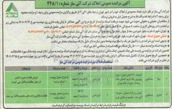 مزایده فروش تعداد محدودی املاک با کاربری مسکونی