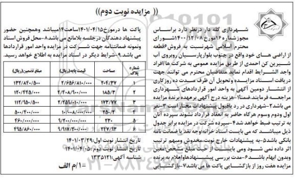 مزایده فروش 6 قطعه از اراضی ها- نوبت دوم