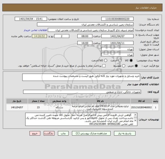 استعلام خرید وسایل و تجهیزات مورد نیاز کانه آرائی طبق لیست و مشخصات پیوست شده