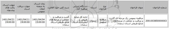 مناقصه، مناقصه عمومی یک مرحله ای گشت و مراقبت و حفاظت از عرصه های منابع طبیعی استان سمنان